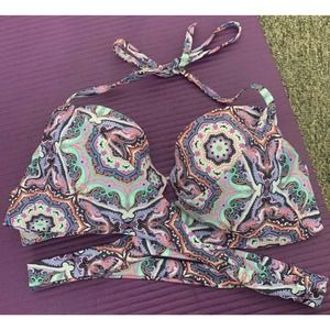Victoria Secret Padded Wrap Bikini Top 34B Great Coverage BohemianDesign Pastels